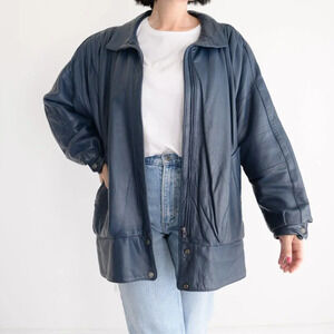 Vintage The Old Mill  Navy 100% Leather Bomber Jacket Size Large